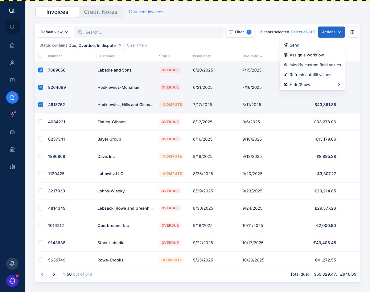 The Invoices list view with three rows selected, the Actions dropdown open, and the Refresh autofill values option highlighted alongside Send, Assign a workflow, and Modify custom field values.