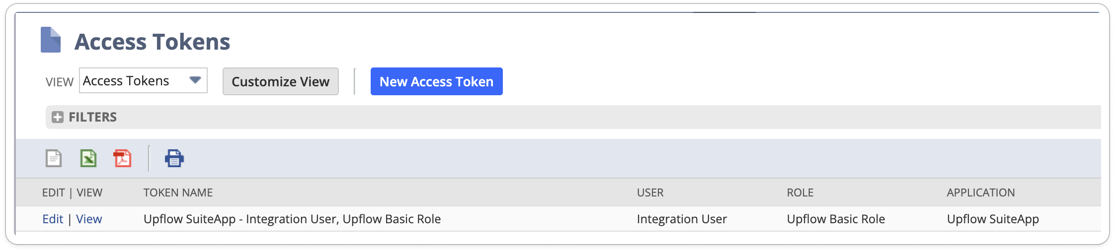NetSuite Access Tokens list filtered on Upflow