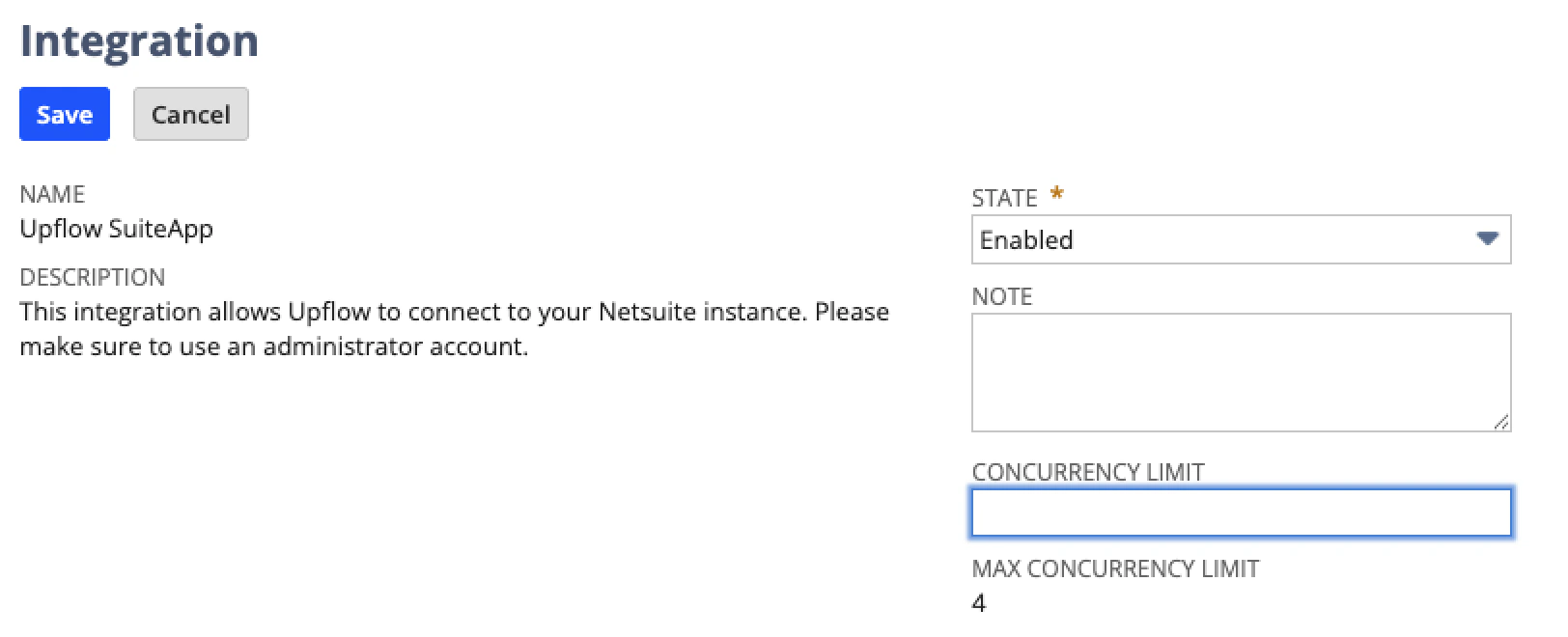Editing the Concurrency limit field on the Upflow SuiteApp integration