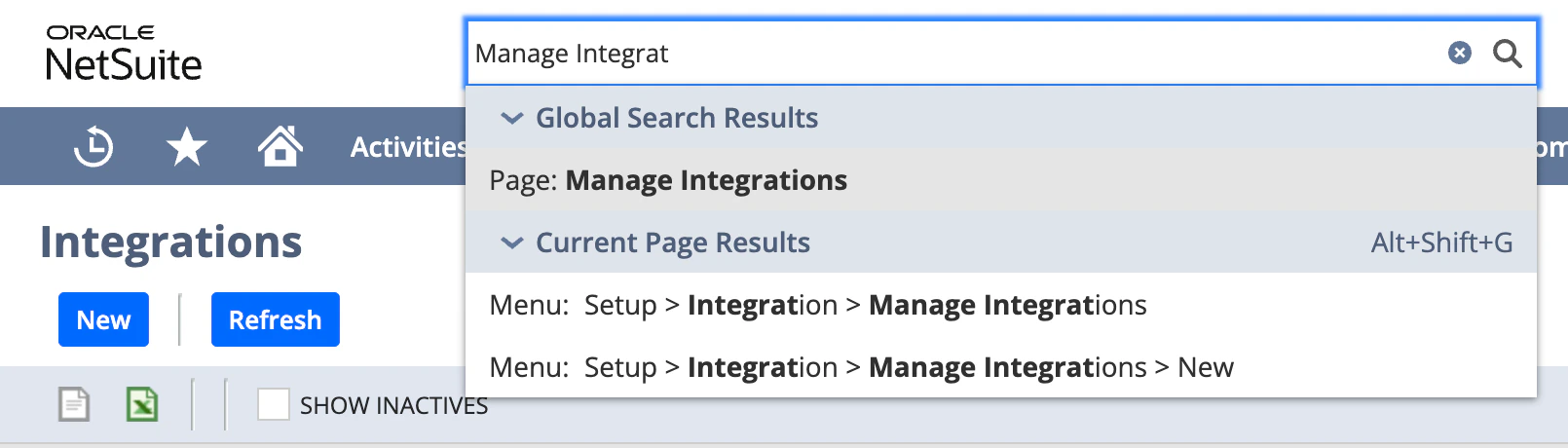 NetSuite global search for Manage Integrations