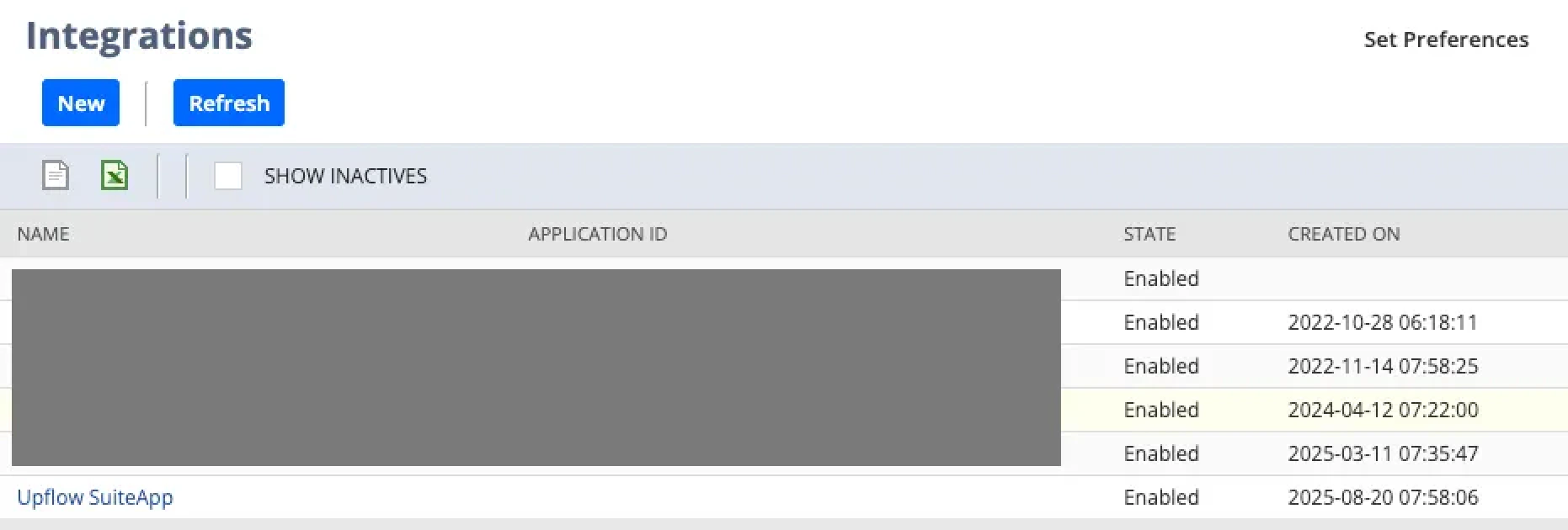 Integrations list with Upflow SuiteApp row
