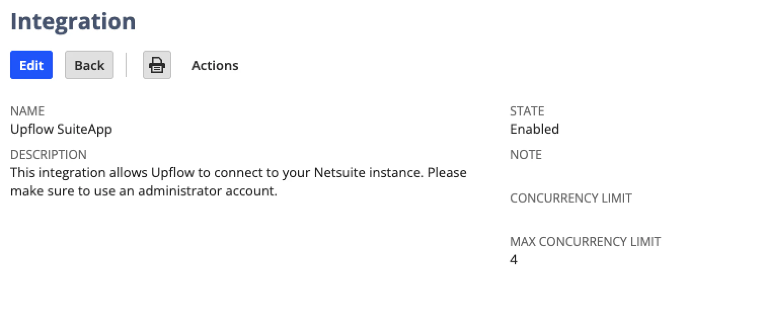 Integration detail view for Upflow SuiteApp