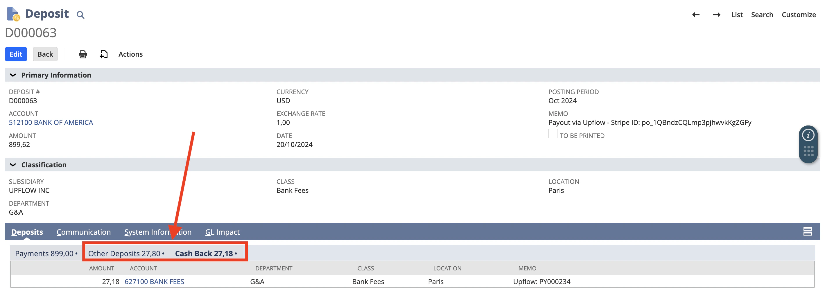 Processing fees in the NetSuite deposit Cash Back tab