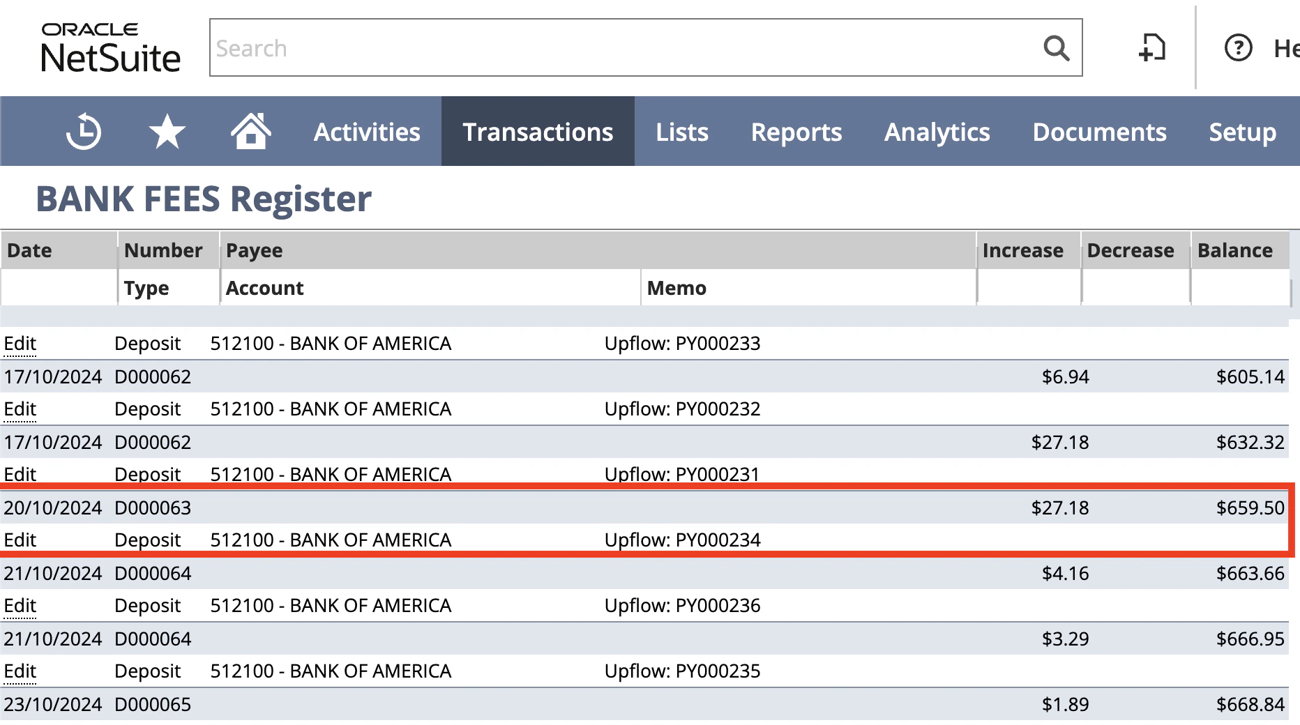 Processing fees impact on the NetSuite GL account register