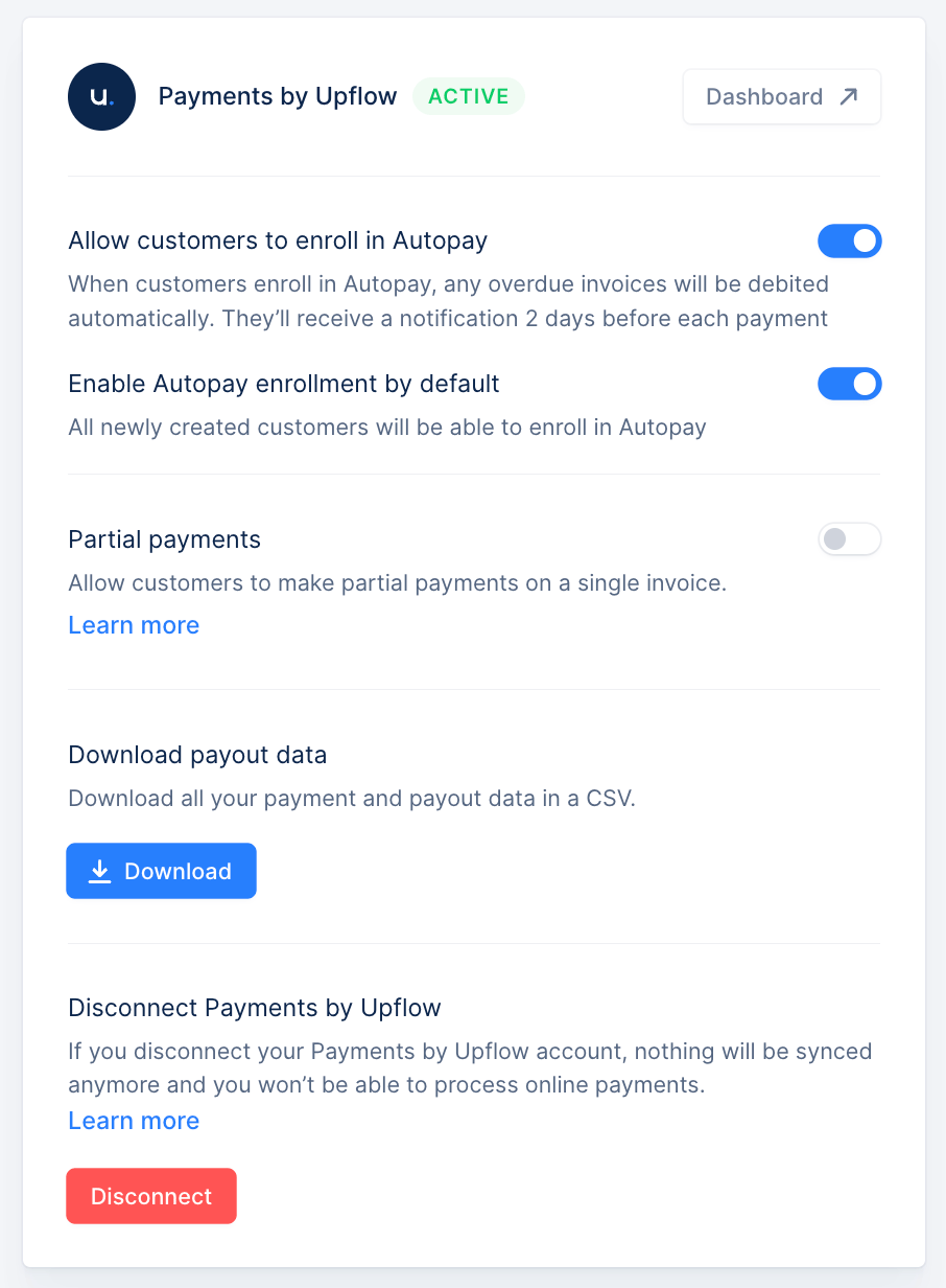 Download payout data section in Upflow Payments by Upflow settings