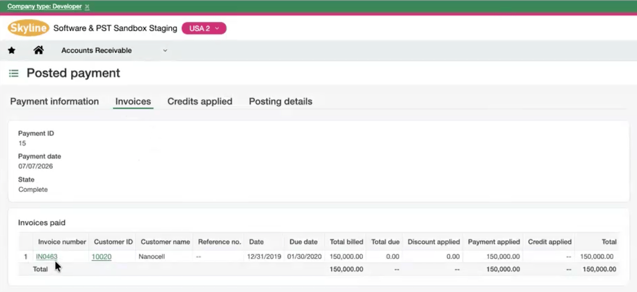A Sage Intacct posted AR Payment detail showing State Complete on the Invoices tab, applied to invoice IN0463 for the customer.