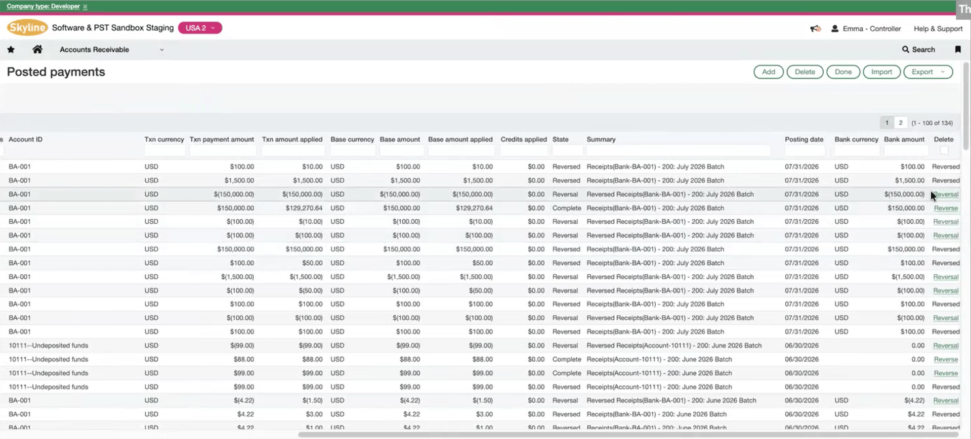 A Sage Intacct Posted payments list showing AR Payments with States Complete, Reversed and Reversal for the same receipts batch.