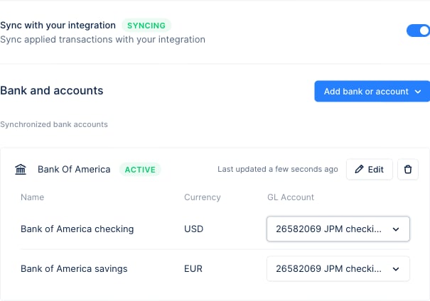 The Cash application settings page showing the Sync with your integration toggle enabled and the bank accounts mapped to GL accounts.