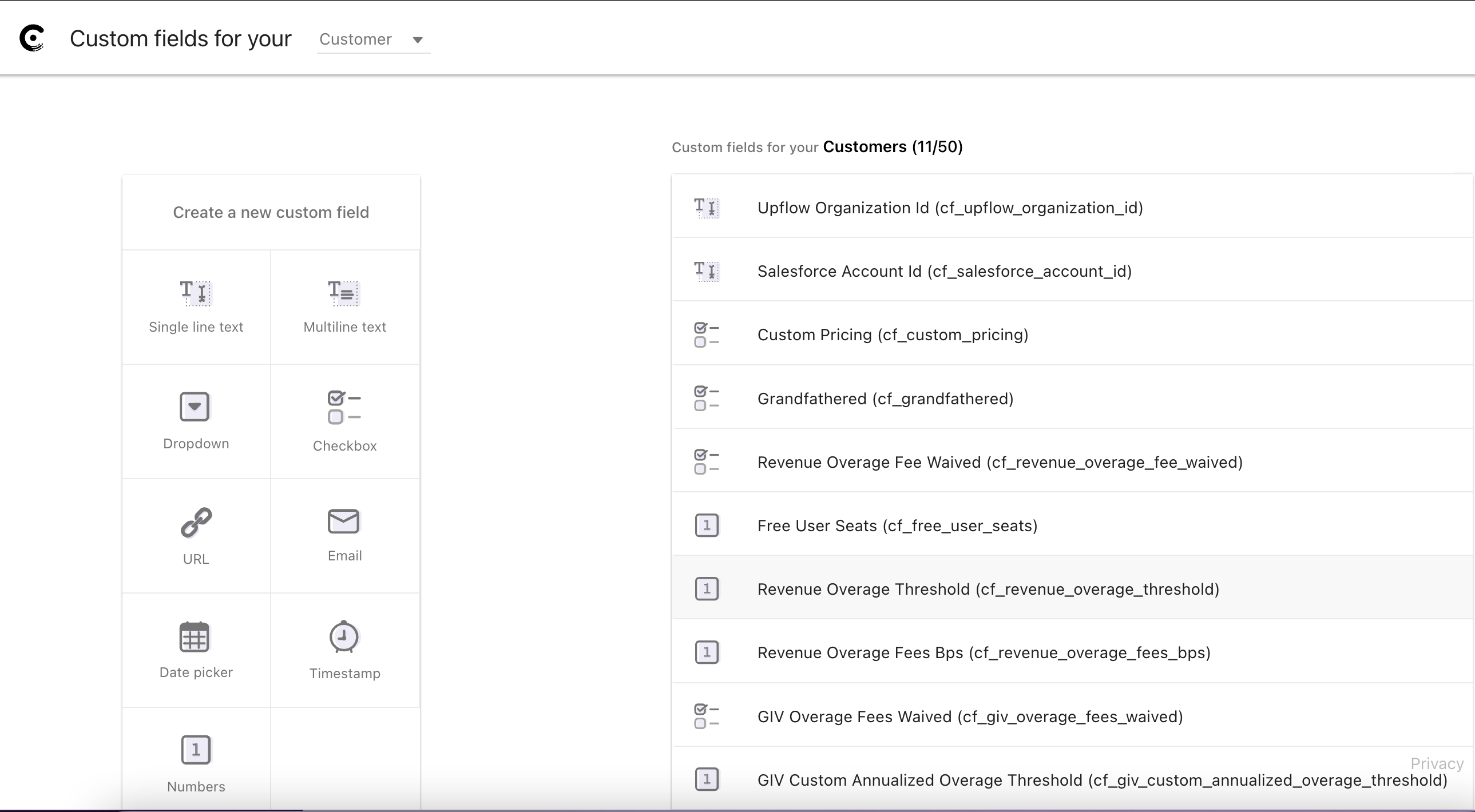 Chargebee Customer Custom Fields - Upflow