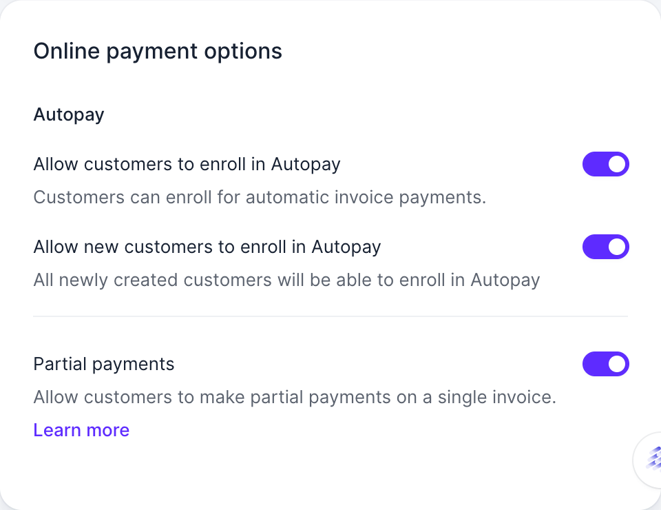 Autopay settings showing toggles to allow customers to enroll in Autopay and allow new customers to enroll in Autopay