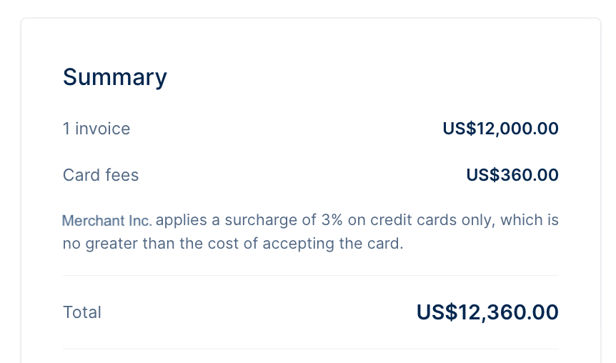 Card checkout page showing the card fees line item