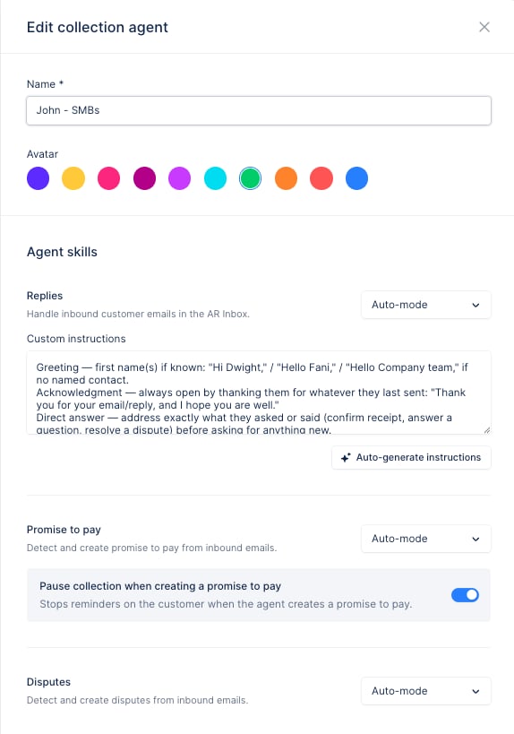 The Edit collection agent panel showing the Name and Avatar fields and the three agent skills — Replies, Promise to pay and Disputes — each with its own autonomy mode dropdown
