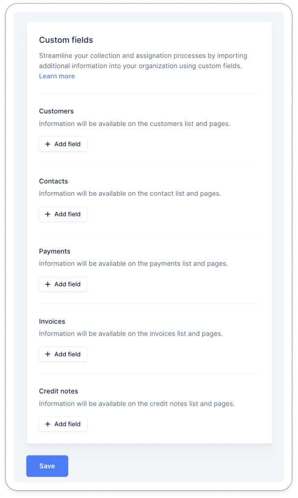 Customer fields tab in Settings