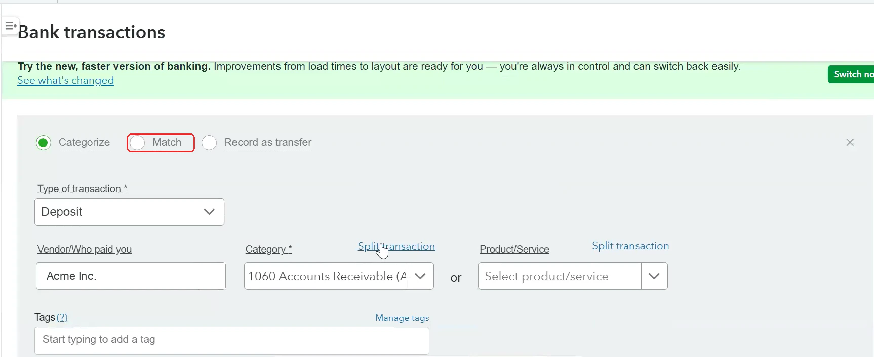 Match option in QuickBooks bank transactions review
