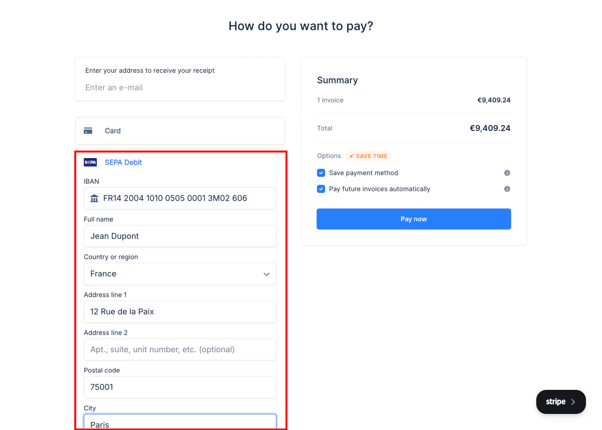 SEPA Debit form filled with IBAN, full name, country and address fields