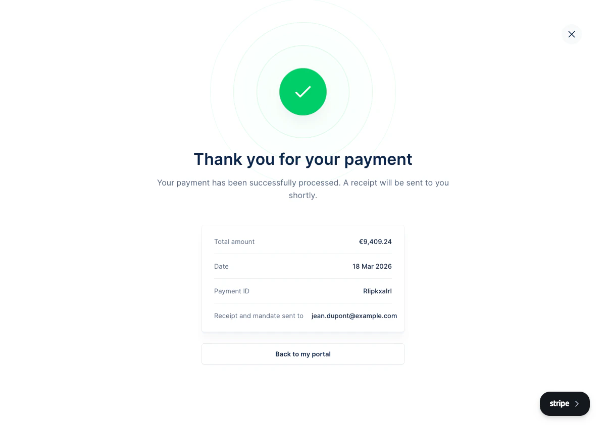 SEPA payment success screen showing 'Thank you for your payment' with total amount and payment details