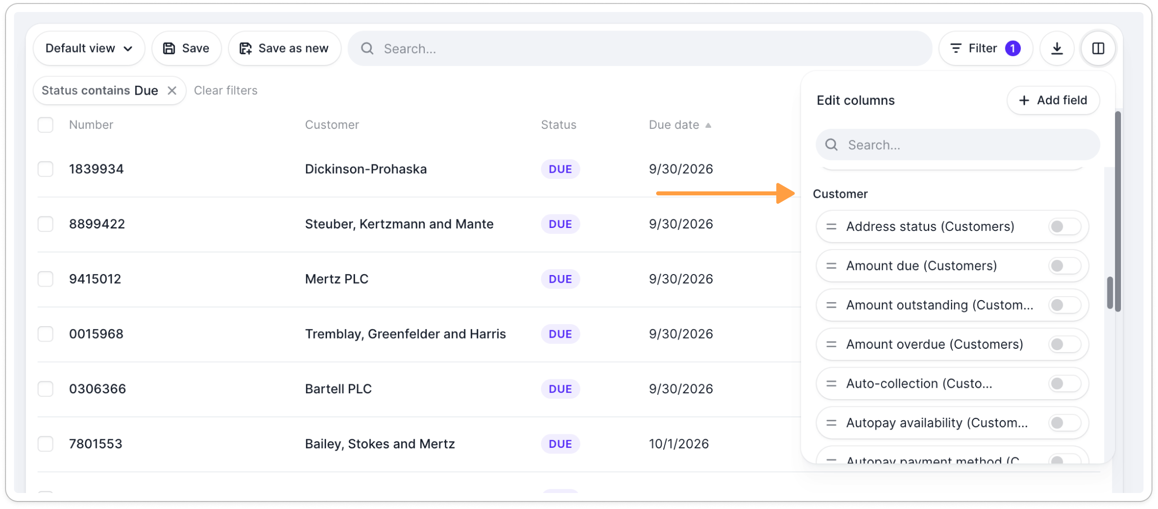 Customer section in the Edit columns popup
