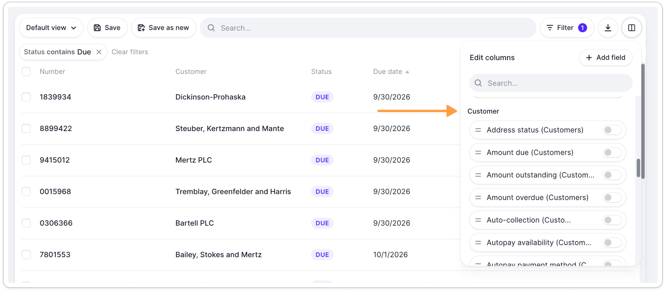 Customer section in the Edit columns popup