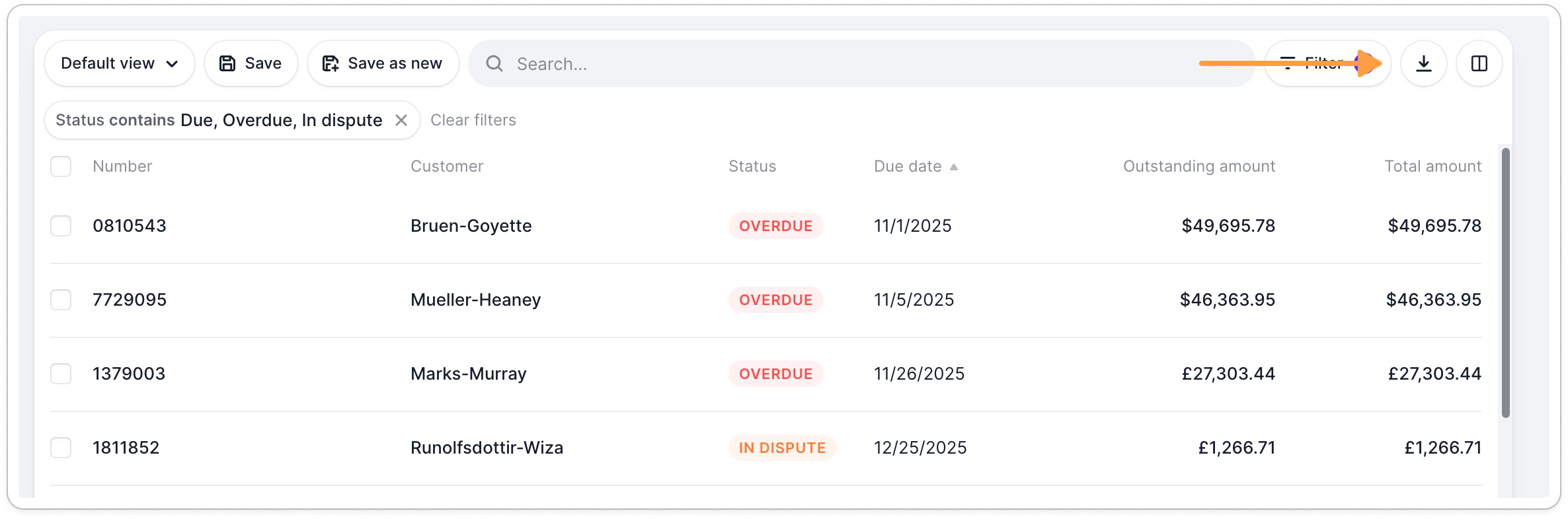Export button on the Invoices list view