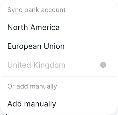 The Add bank or account dropdown showing North America, European Union, and United Kingdom options.