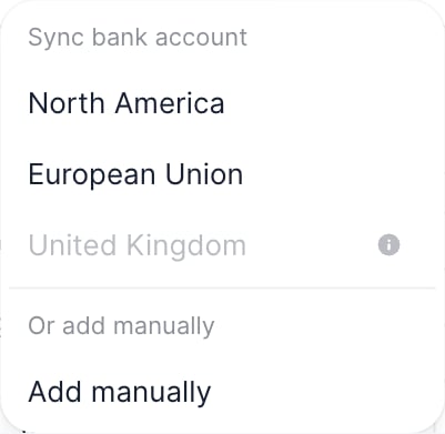 The Add bank or account dropdown showing North America, European Union, and United Kingdom options.
