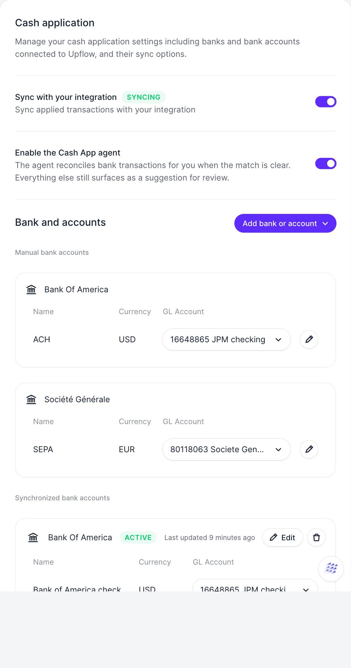 The Cash Application settings page showing the Bank and accounts section with the Add bank or account button.