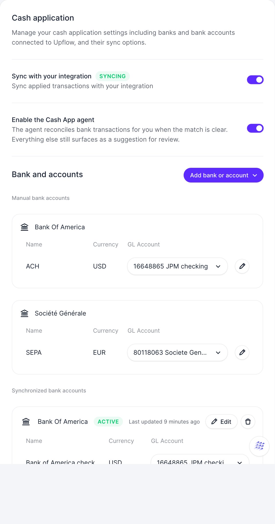 The Cash Application settings page showing the Bank and accounts section with the Add bank or account button.