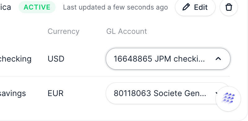 The GL Account dropdown showing a list of available GL accounts to link to a bank account.