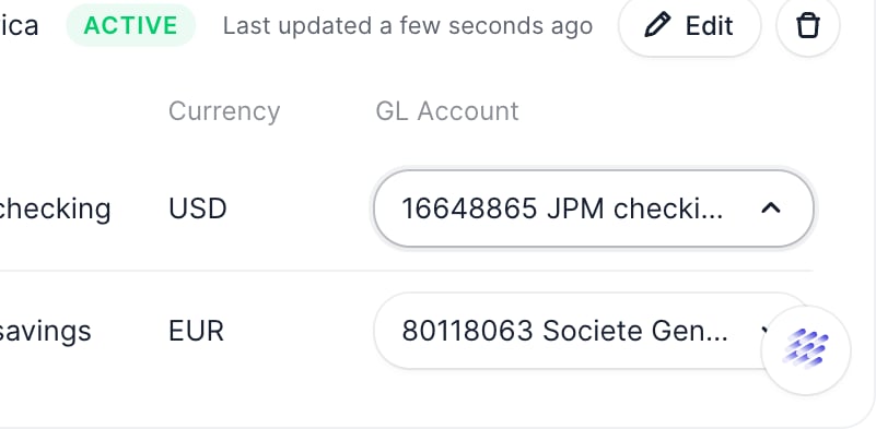 The GL Account dropdown showing a list of available GL accounts to link to a bank account.