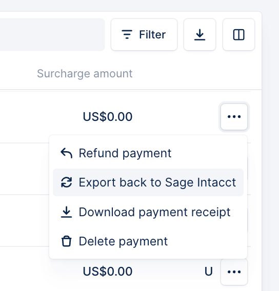 Payment three-dot menu on the Upflow Payments list showing the Export back to Sage Intacct option
