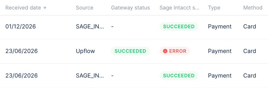Upflow Payments list showing the Gateway status and Sage Intacct status columns side by side, with SUCCEEDED and ERROR states