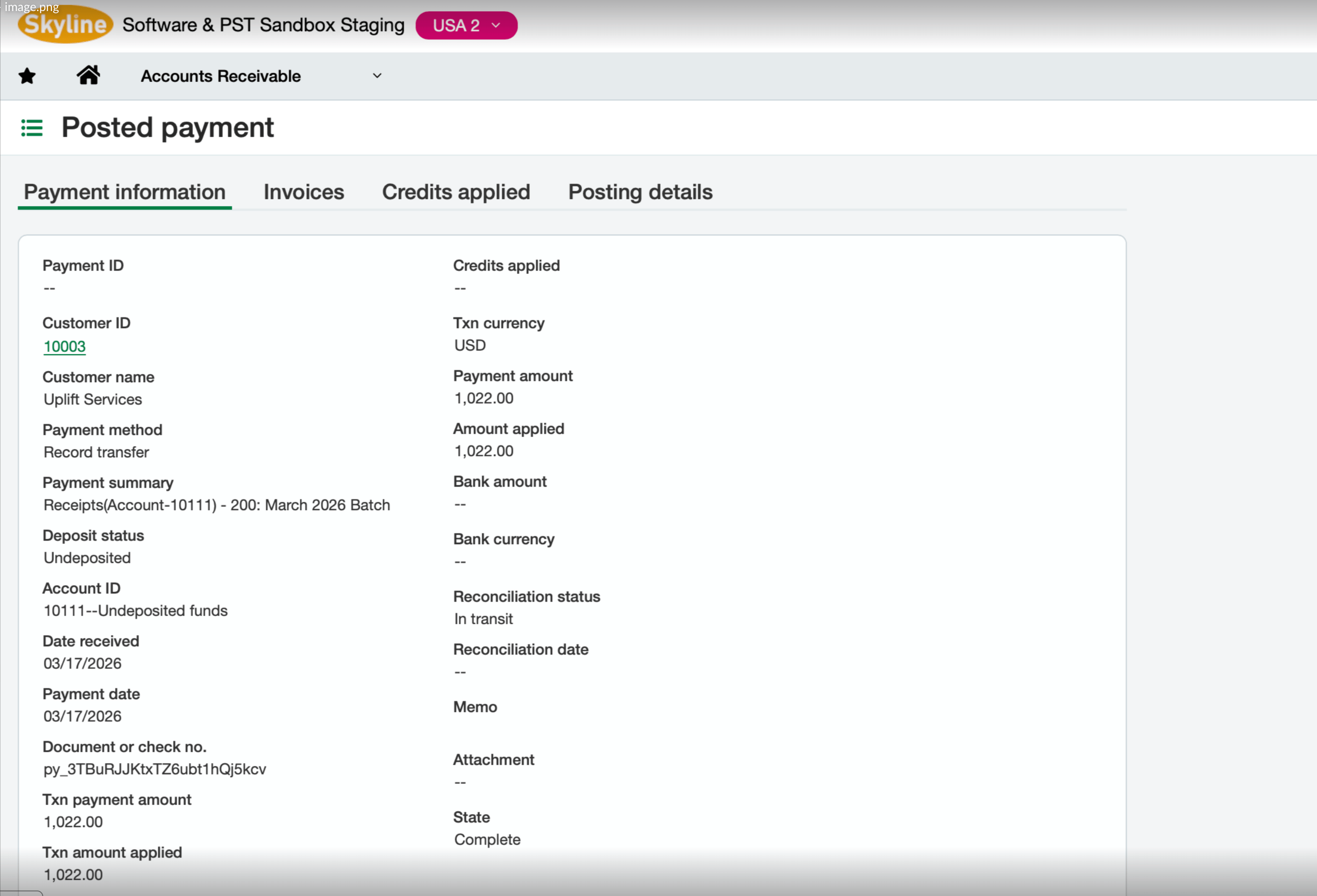 Sage Intacct posted AR Payment showing State Complete, posted to an undeposited-funds account, with the Stripe payment ID in the Document or check no. field