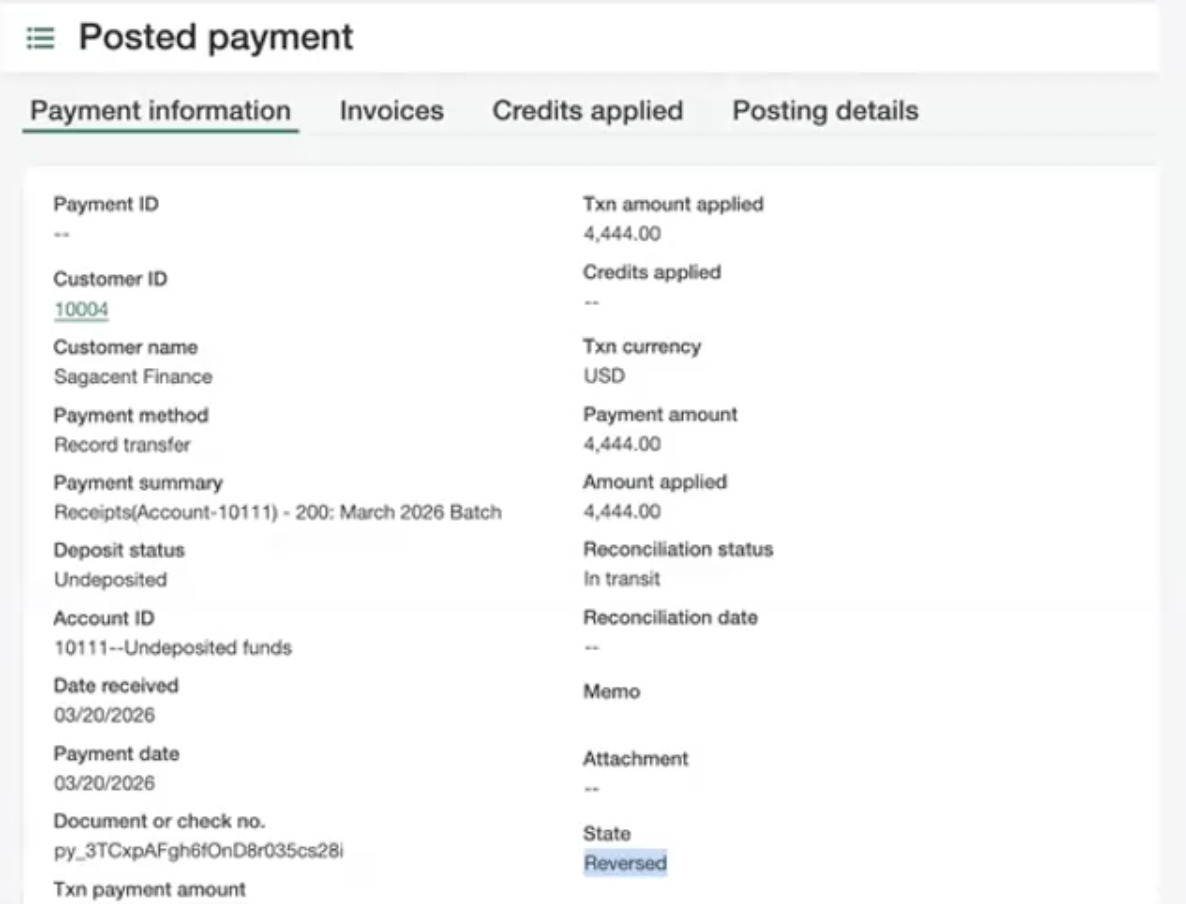 Sage Intacct posted payment showing State as Reversed and the Upflow payment reference in the Document or check no. field