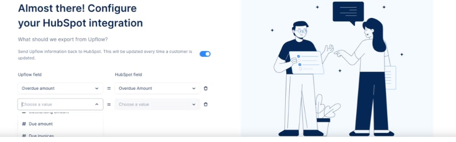 The Configure your HubSpot integration step asking what to export from Upflow, mapping Upflow fields to HubSpot company properties.