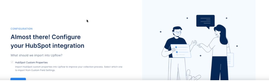 The Configure your HubSpot integration step asking what to import into Upflow, with the HubSpot Custom Properties option.