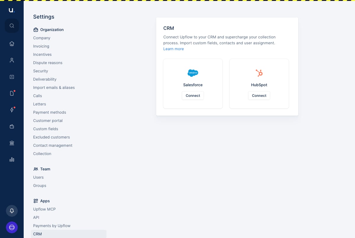 The CRM settings page in Upflow showing the Salesforce and HubSpot cards, each with a Connect button.