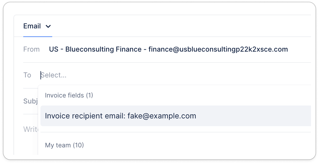 Recipient picker showing the Invoice fields group with a custom field email address