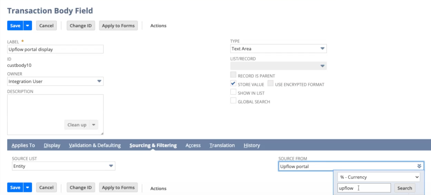 The Sourcing & Filtering subtab with Source List set to Entity and Source From set to Upflow portal.