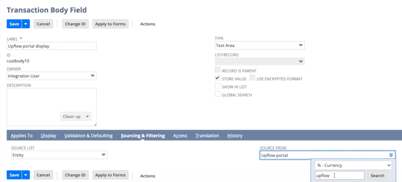 The Sourcing & Filtering subtab with Source List set to Entity and Source From set to Upflow portal.