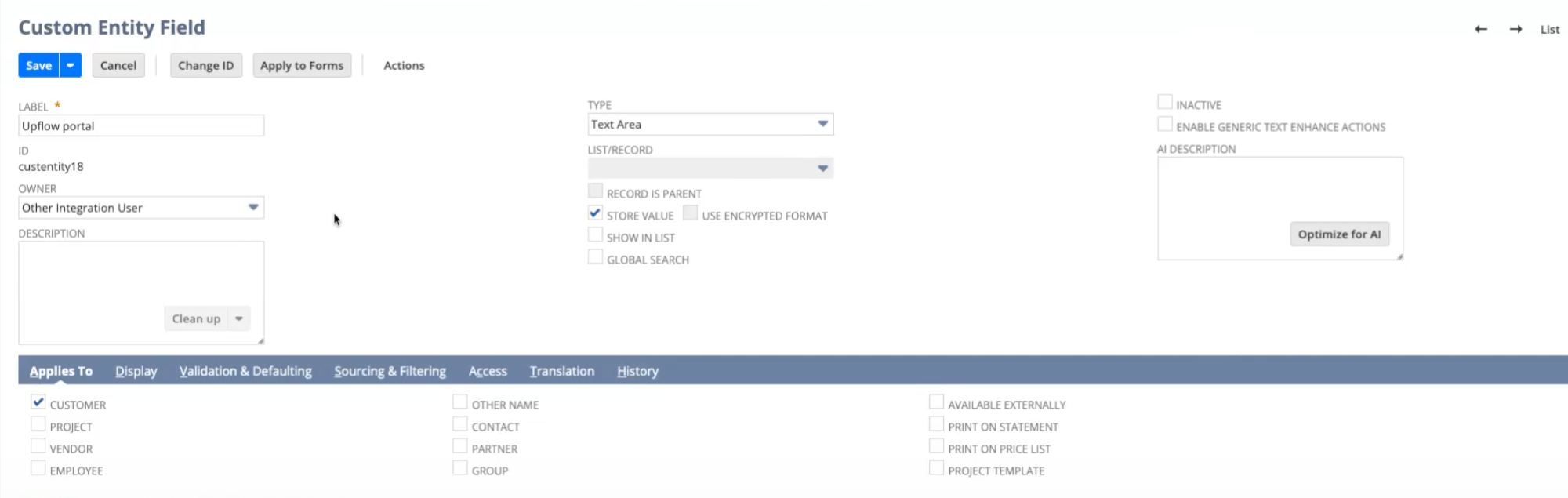 The Custom Entity Field form in NetSuite with the label Upflow portal, type Text Area, and Customer checked under Applies To.