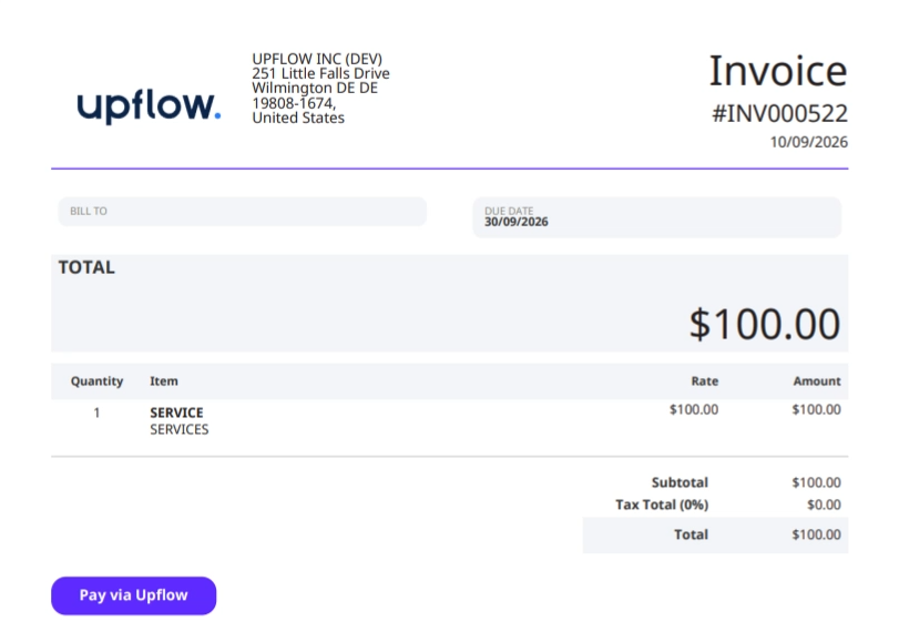 A NetSuite invoice PDF with a purple Pay via Upflow button below the totals.