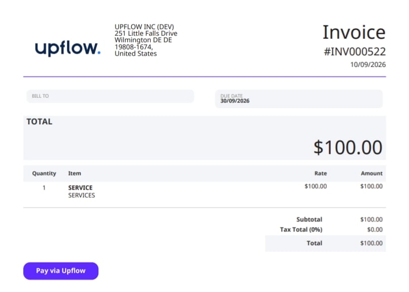 A NetSuite invoice PDF with a purple Pay via Upflow button below the totals.