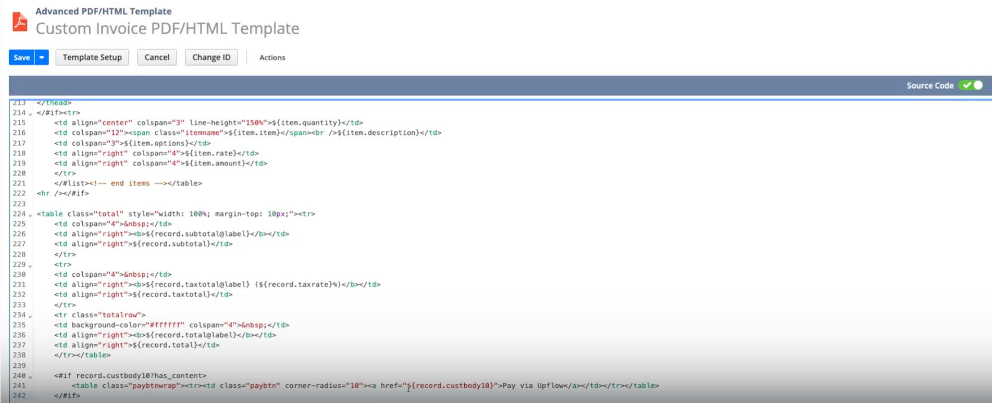 The Advanced PDF/HTML template editor in source code mode, with the conditional Pay via Upflow snippet after the totals table.