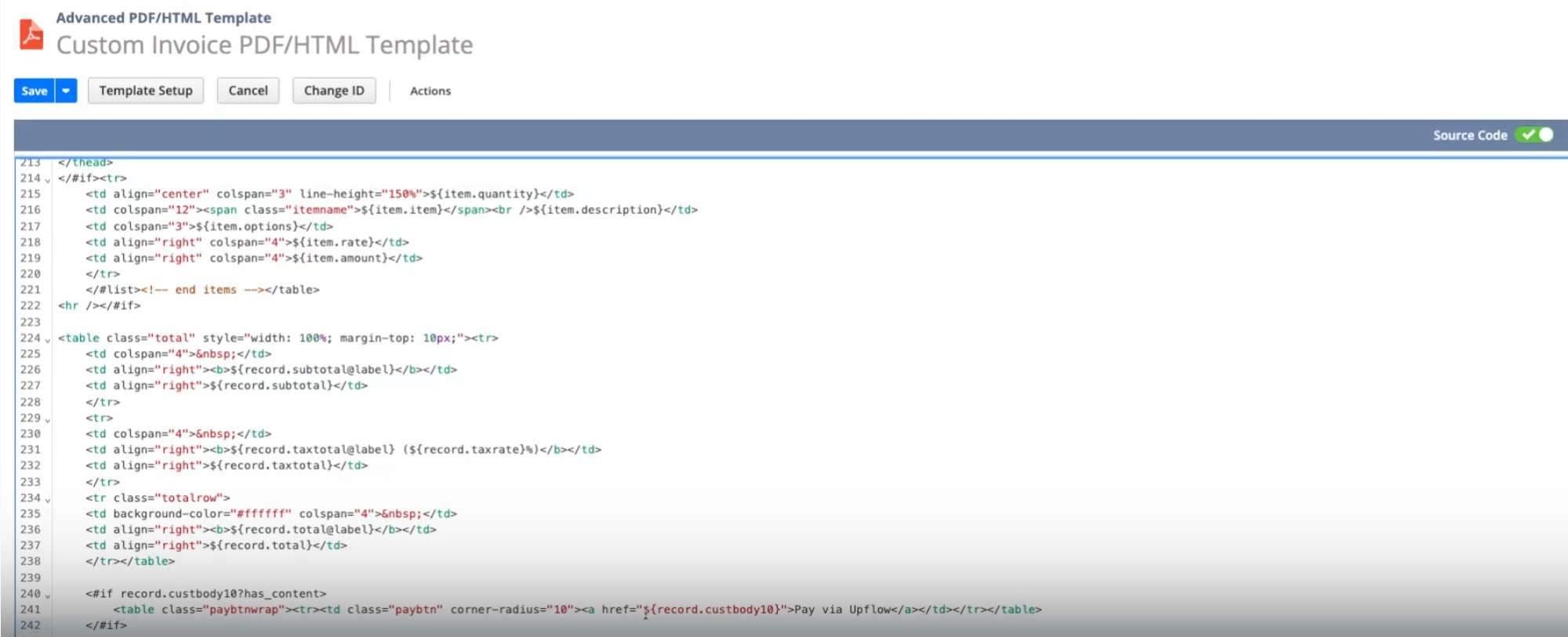 The Advanced PDF/HTML template editor in source code mode, with the conditional Pay via Upflow snippet after the totals table.