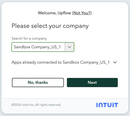 Intuit company-selection screen during the OAuth flow, prompting the user to pick which QuickBooks company to connect