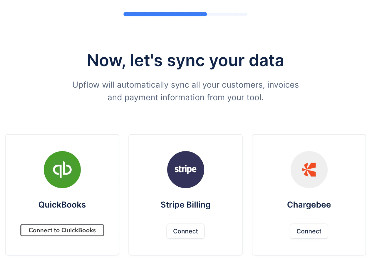 Upflow onboarding step asking the merchant to pick a data source — QuickBooks, Stripe Billing, or Chargebee