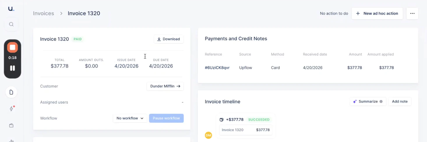 Upflow invoice view showing the payment reference under Payments and Credit Notes