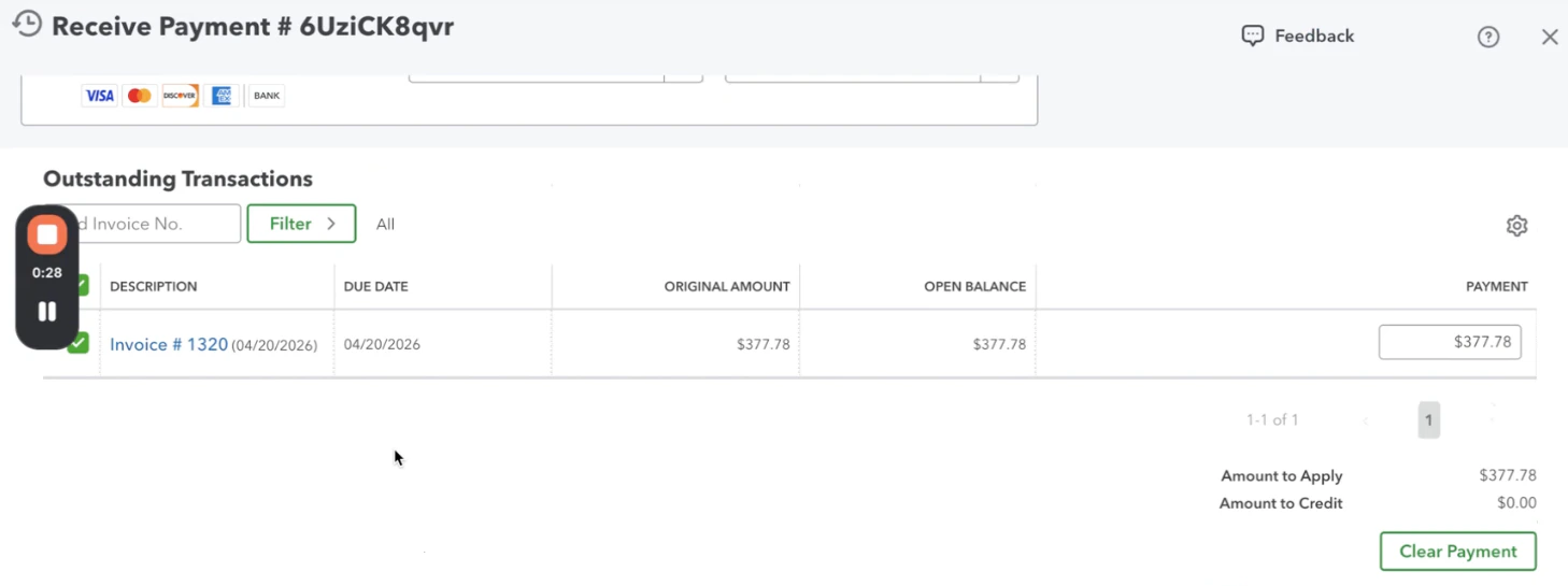 QuickBooks Receive Payment screen with the matching Upflow reference as the payment number, applied to the same invoice