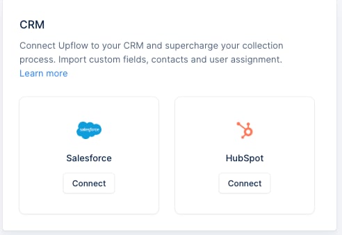 The CRM settings page in Upflow showing the Salesforce and HubSpot cards, each with a Connect button