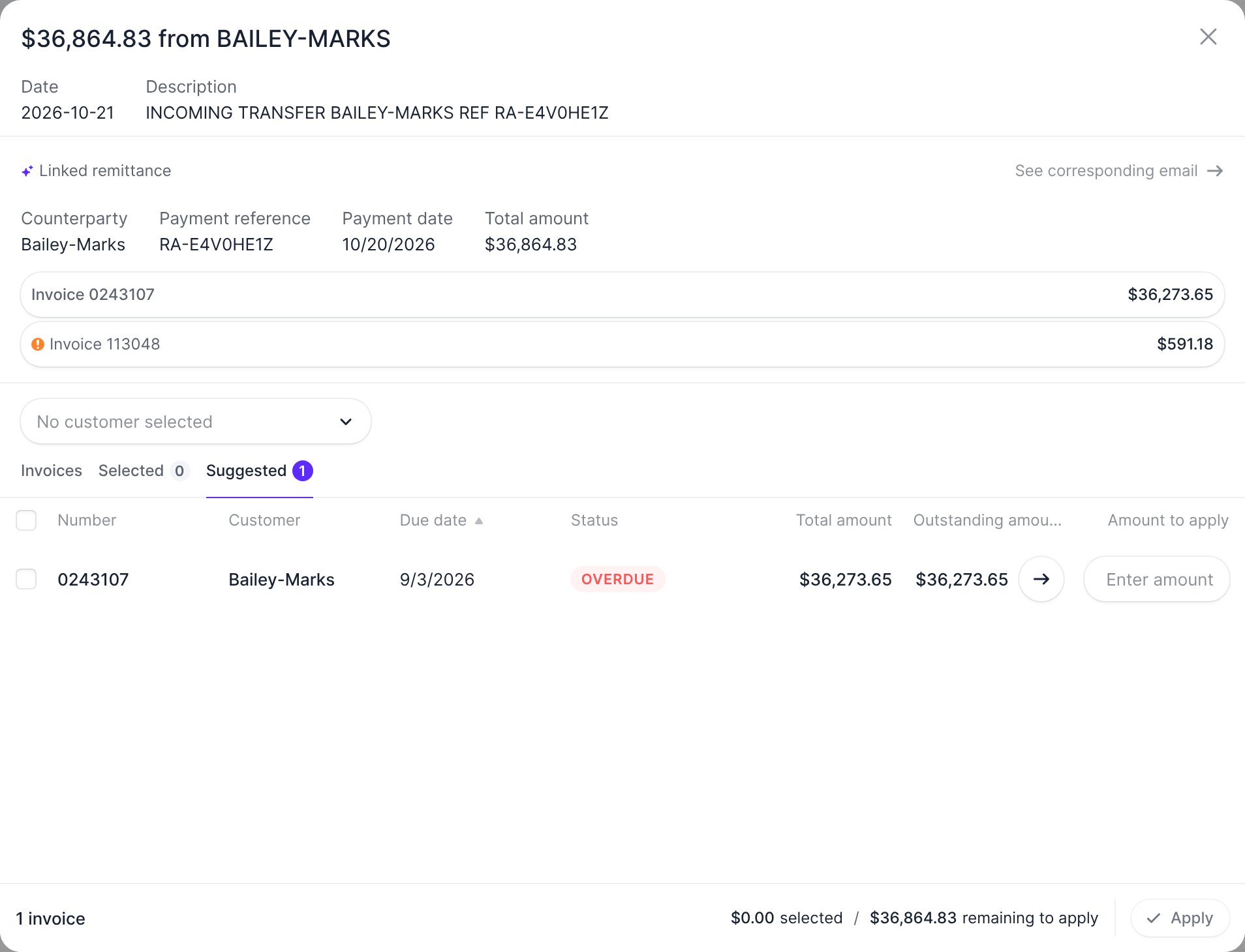 The Linked remittance section in the bank transaction matching interface, with the See corresponding email link